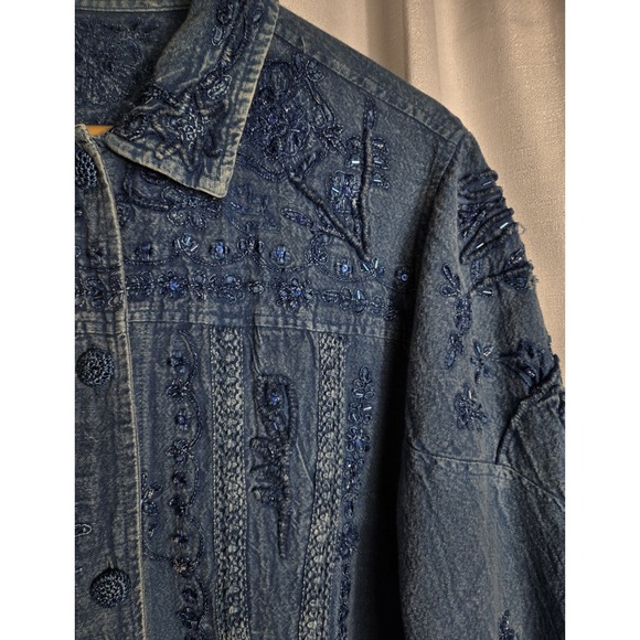 Vintage‎ Embroidered Beaded Denim Shacket with Crochet Trim - Picture 5 of 10